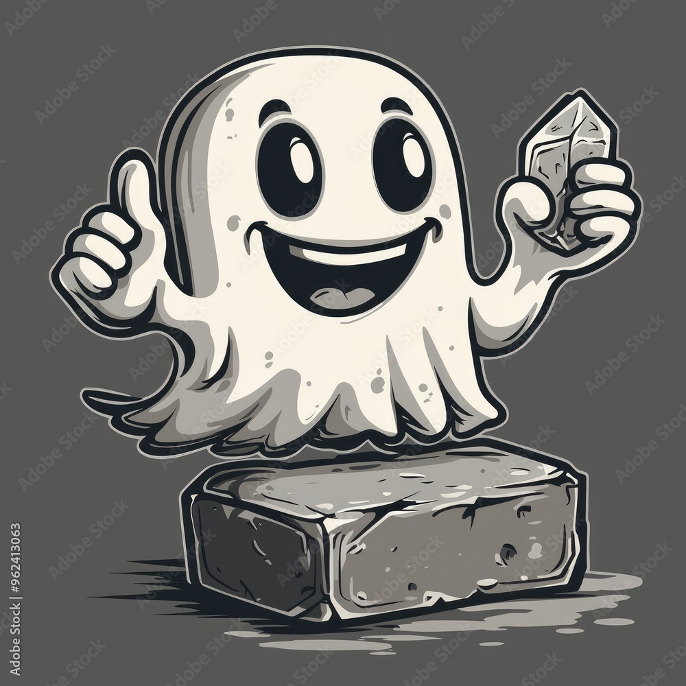 Sticker Happy Ghost Holding a Crystal on a Brick