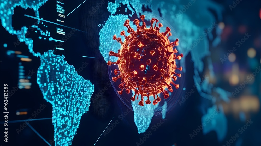 Poster holographic 3d visualization of a monkeypox virus displayed over a map of the african continent with