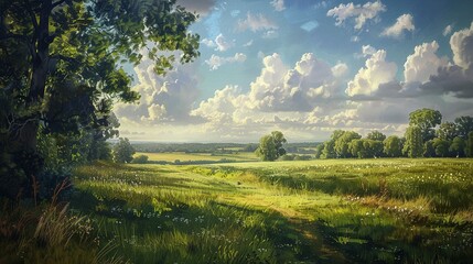 Obraz premium Lush Green Meadow with Cloudy Sky and Distant Trees