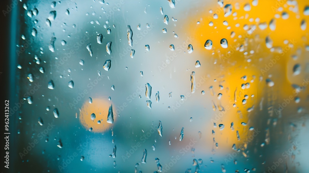 Poster captivating image of raindrops delicately sliding down a transparent windowpane creating a soothing 