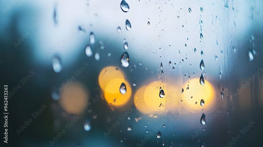 Poster conceptual image of raindrops sliding down a windowpane with a blurred out of focus background creat