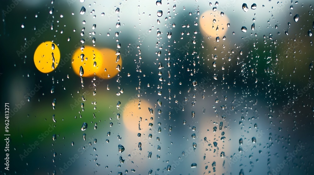 Poster conceptual image of translucent raindrops slowly flowing down a glass windowpane creating a mesmeriz