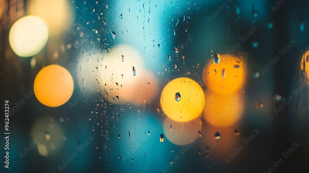Poster conceptual image of raindrops gently sliding down a transparent windowpane creating a captivating vi