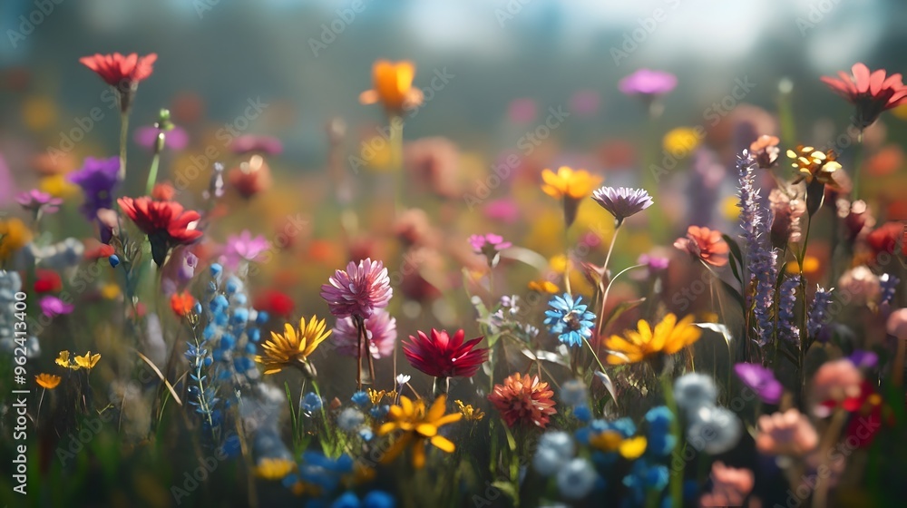 Poster a captivating and conceptual image showcasing a vibrant field filled with a diverse array of bloomin