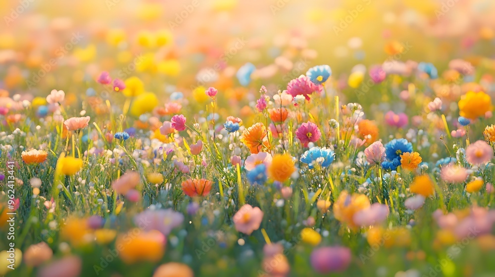 Poster lush colorful field bursting with a diverse array of blooming wildflowers set against a serene and p
