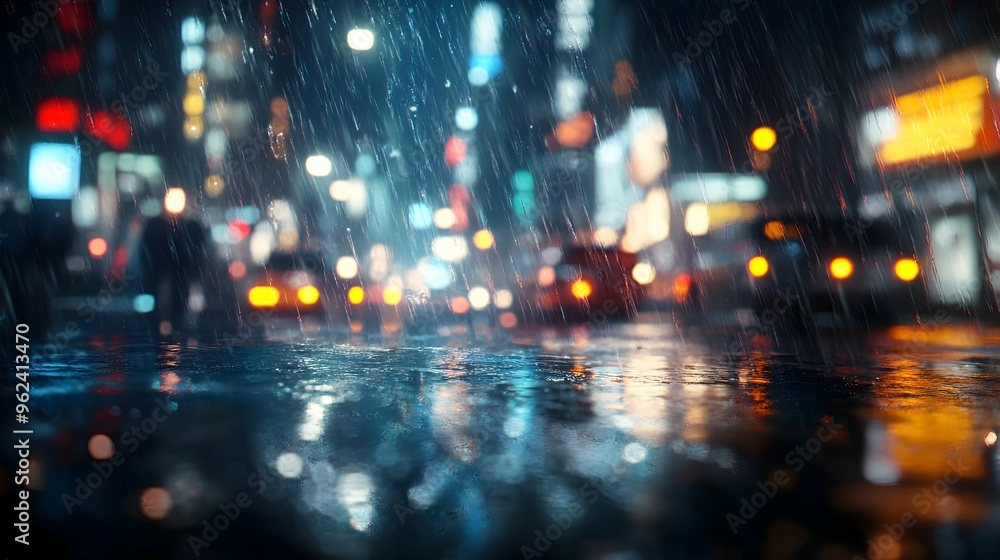 Poster Conceptual image of heavy rain pouring down on a city street with blurred lights and reflections creating a dramatic atmospheric and moody scene