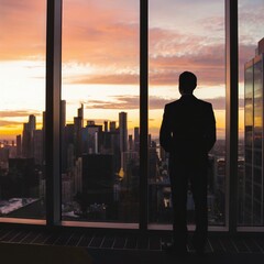 Photo of a Silhouette of an Employee Standing at the Window Overlooking a City Skyline during Sunset