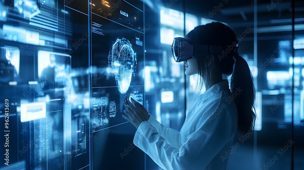 Poster futuristic hologram showcasing an ai powered virtual assistant interacting and communicating with us