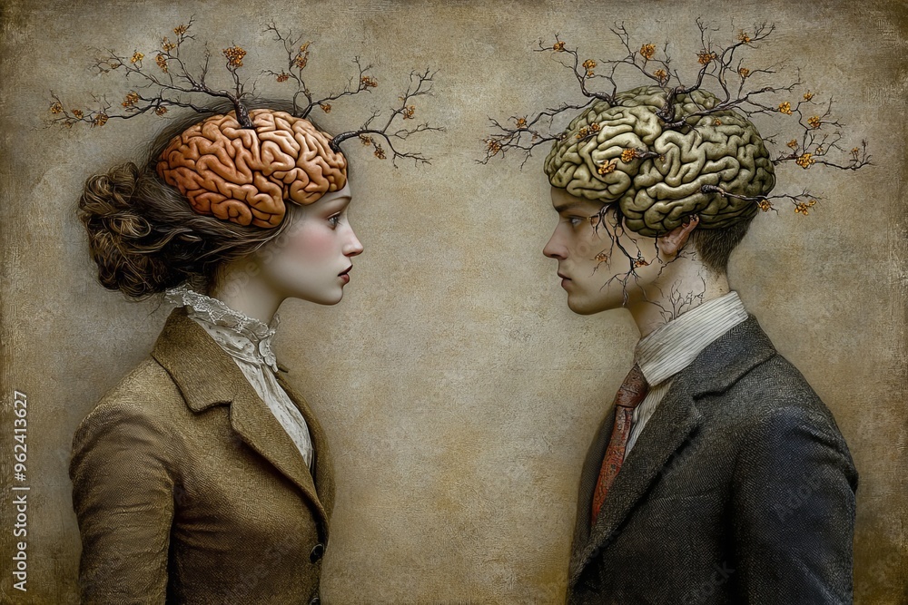 Aufkleber memory center neuro brain tree like neural branches connect two vintage style faces symbolizing the 