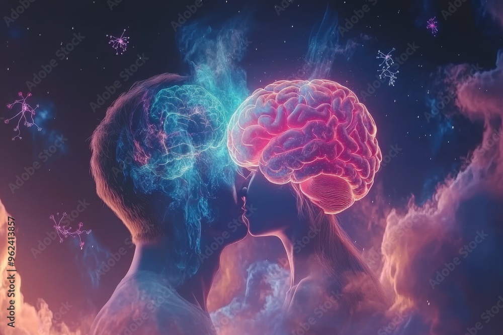 Poster neural connectivity neuro brain vibrant neural patterns connecting two faces highlight the creative 