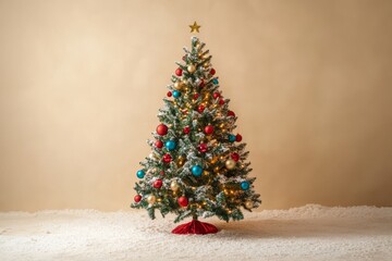 Beautiful Christmas tree adorned with a variety of large colorful ornaments, creating a festive centerpiece in a minimalist space with soft lighting and a neutral background.