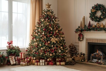Luxurious Christmas tree decorated with gold and red ornaments, standing by a warm fireplace surrounded by gifts, creating a festive and cozy holiday atmosphere.