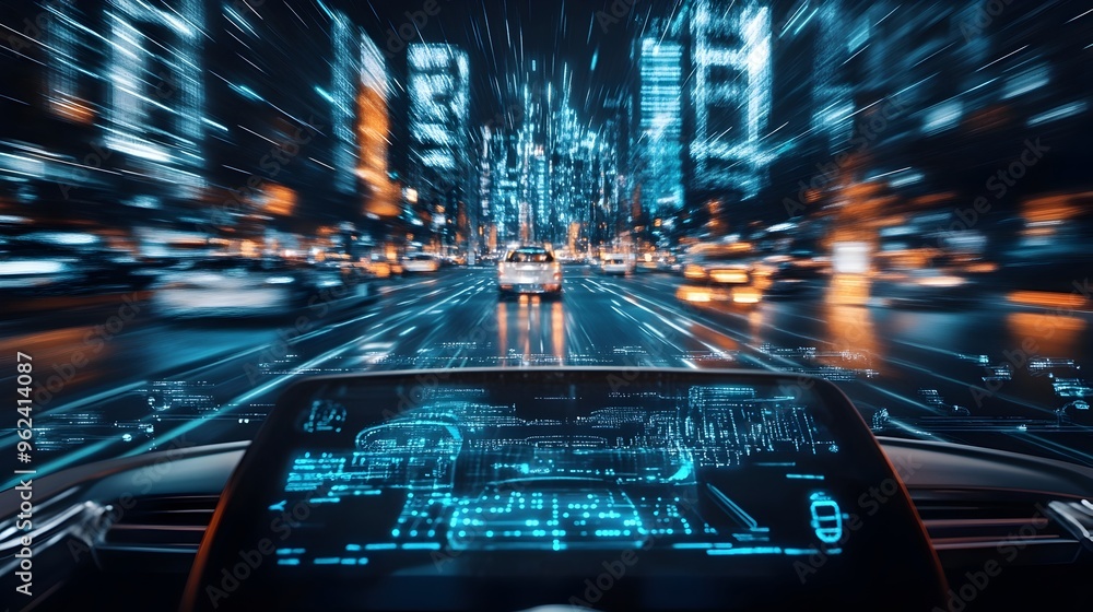 Poster holographic visualization depicting the and functions of ai powered autonomous vehicles showcasing t