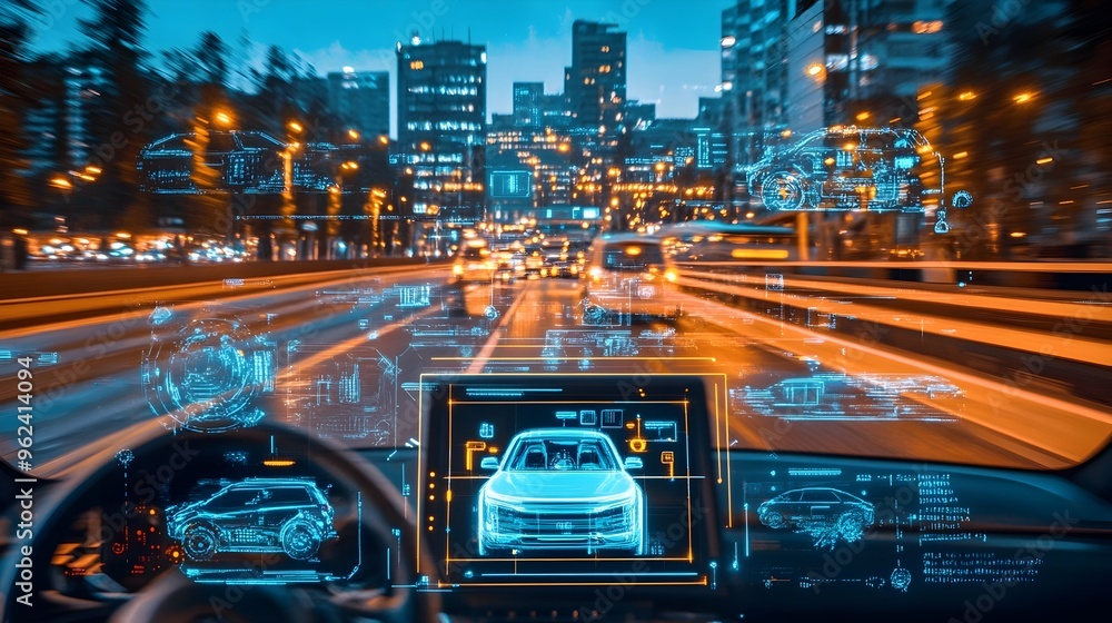 Poster holographic visualization showcasing the of intelligence in the functions and of autonomous vehicles