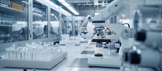 Advanced scientific laboratory equipment including microscope tools and glassware set up for meticulous research investigation and analytical testing in a modern