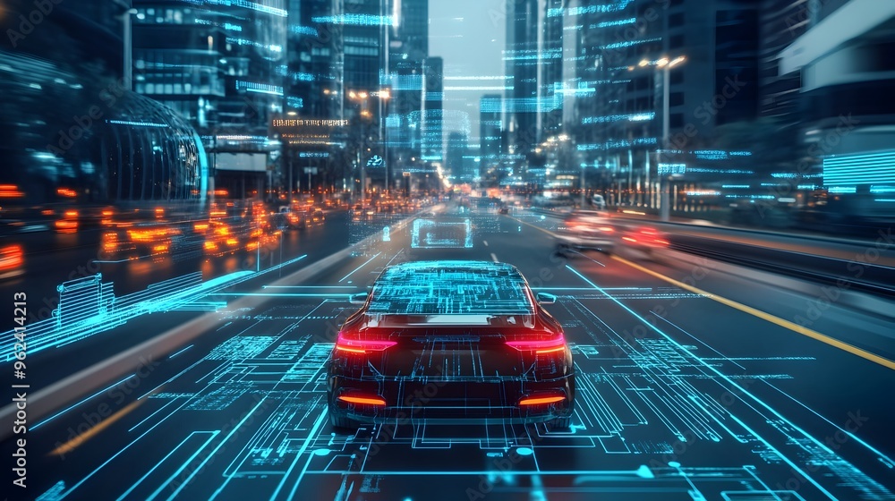 Poster holographic projection illustrating the and functions of technology in autonomous vehicles of the fu