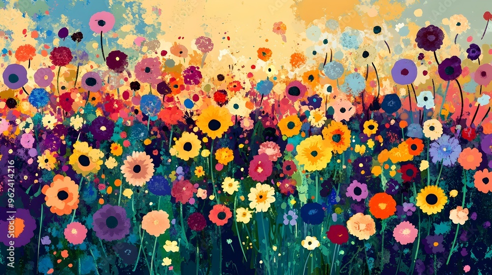 Poster stunning conceptual image of a vibrant field filled with a diverse array of colorful wildflowers blo