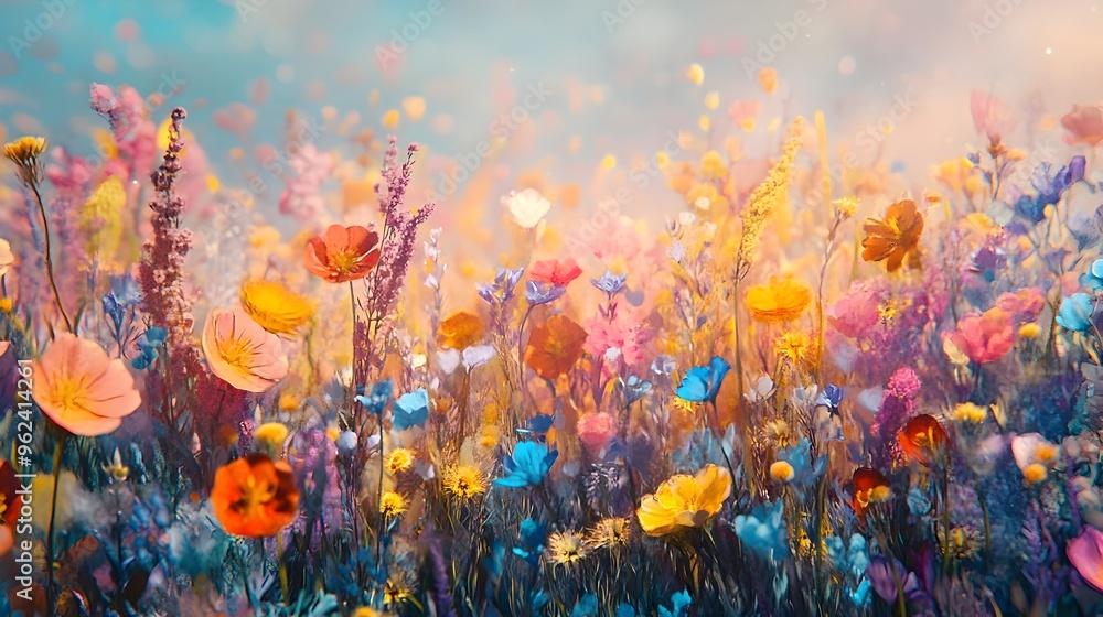 Poster conceptual image of a vibrant and lush meadow filled with a diverse array of colorful wildflowers in