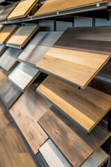 Wood laminate flooring samples displayed on shelves in hardware store