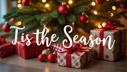 A festive Christmas scene featuring a decorated Christmas tree with presents underneath, and the words Tis the Season in white script, creating a joyful atmosphere.