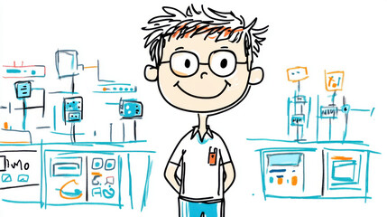 A fun illustration of a cartoon boy smiling in a science lab surrounded by various laboratory equipment and machines.