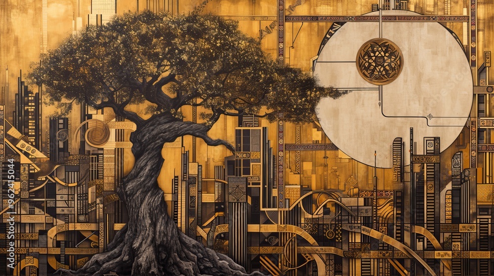 Poster a mesmerizing blend of nature and technology featuring a grand tree intertwined with a futuristic ci