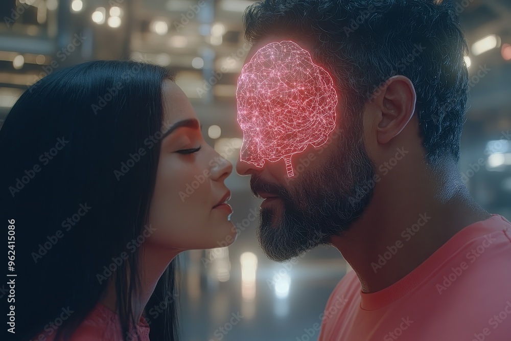 Poster cognitive hub neuro brain romantic couple with glowing neural patterns highlights the merging of tho