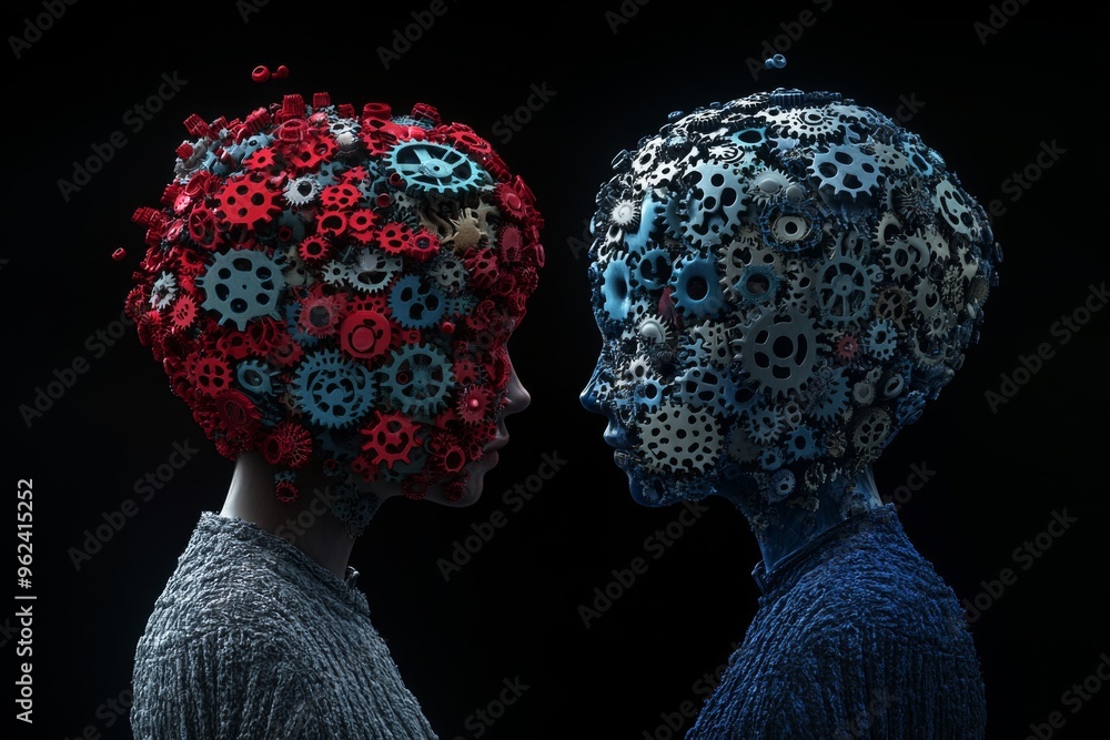 Poster neural framework neuro brain red and blue gears form the heads of a couple in a symbolic representat