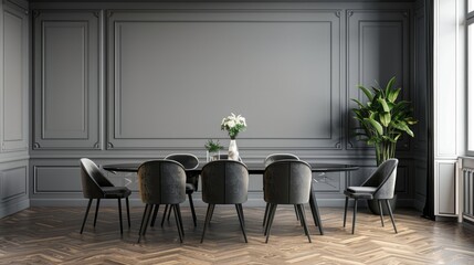 Chairs and table in dining room with grey wall and molding.