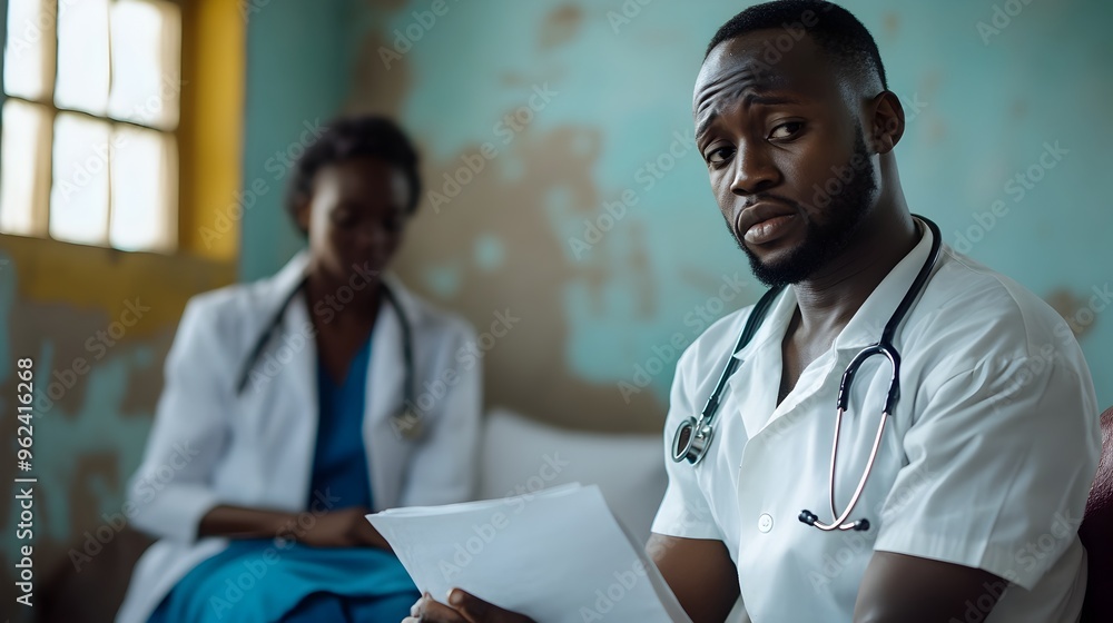 Poster closeup of an african healthcare worker carefully examining and diagnosing a patient with symptoms o