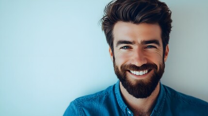 Fototapeta premium A portrait of a man with a well-groomed beard and voluminous hair, smiling against a light solid color background,No blurriness