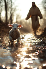 A lamb runs away from Jesus, who is in the background, walking through puddles on an old road