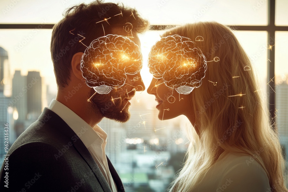 Aufkleber neural processors neuro brain a couple with glowing neural brains set against a city skyline capture