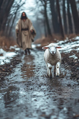 A lamb runs away from Jesus, who is in the background, walking through puddles on an old road