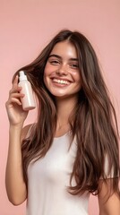 Fototapeta premium A smiling woman holding a bottle of hair oil, showcasing healthy, shiny hair against a soft, light solid color backdrop,No blurriness