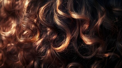 Close-up of curly hair with defined ringlets, illuminated by soft lighting, emphasizing texture and movement,No blurriness