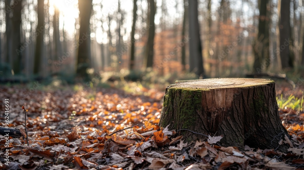 Poster a tree stump bathed in sunlight in a tranquil forest setting. fallen leaves surround the stump, crea