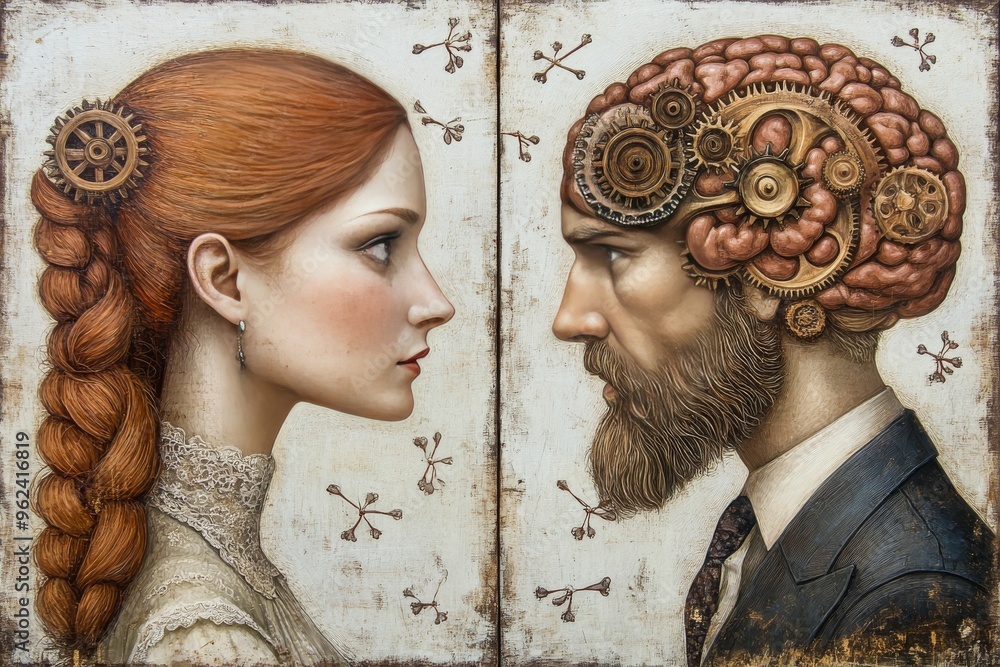 Poster memory center cognitive brain network steampunk inspired profile of a couple with intricate gears an
