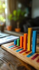 A colorful bar chart displayed on a wooden desk representing the growth progress and development of a business or organization  The infographic showcases various data points and analytics