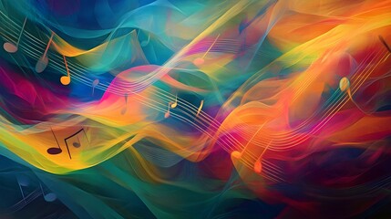 A vibrant abstract representation of musical notes swirling in colorful waves, evoking a sense of rhythm and movement,No blurriness
