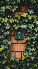 Close-up of a unique house number plaque mounted on a brick wall, surrounded by green foliage, with a light solid color background,No blurriness