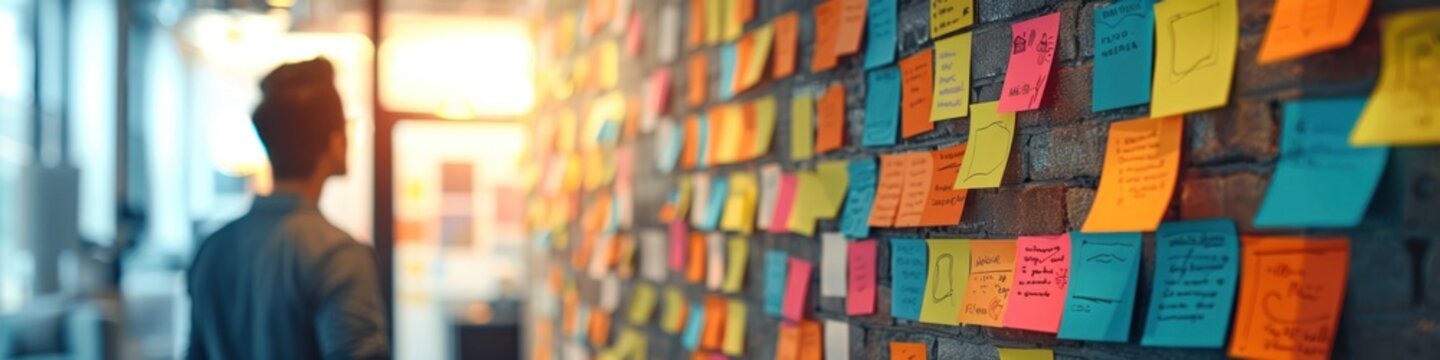 Vibrant display of colorful sticky notes covering a wall representing project management in a dynamic office or workplace environment  The pattern of notes showcases ideas reminders