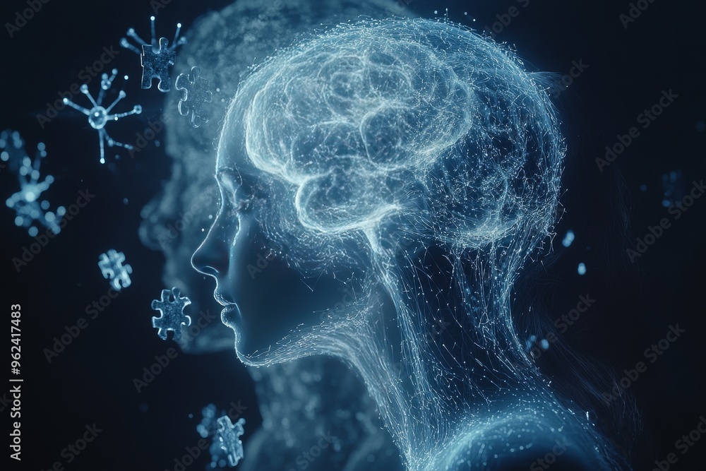 Poster synaptic system cognitive brain network silhouetted profile with glowing neural pathways captures th