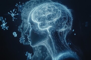 Synaptic system Cognitive brain network Silhouetted profile with glowing neural pathways captures the ethereal beauty of thought and cognitive processes in the human brain