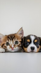 A cute kitten and a puppy lying side by side, both looking up at the camera, creating a heartwarming scene on a light solid color background,No blurriness