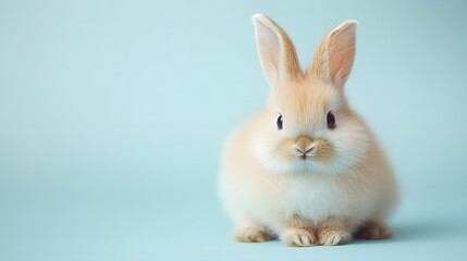 Obraz premium A fluffy rabbit sitting on a light pastel background, showcasing its soft fur and expressive eyes,No blurriness