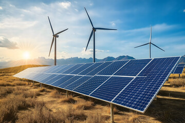 Alternative energy source: solar panels and wind turbines harness the power of the sun and wind to generate clean green electricity
