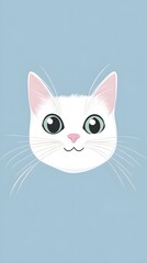 A serene cat face featuring bright eyes and a gentle expression, set on a solid light blue background,No blurriness