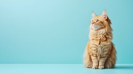 A fluffy domestic cat sitting calmly on a light blue solid color background, exuding a sense of tranquility,No blurriness