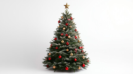 Fototapeta premium a christmas tree with red and gold baubles and a star on top against an isolated white background